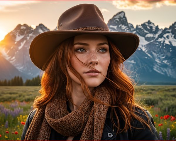 Young woman with red hair in mountainous sunset scene