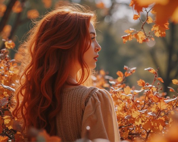 Young Woman in Autumn Foliage with Red Hair