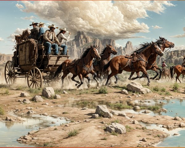 Horse-Drawn Wagon Racing Through Rugged Landscape