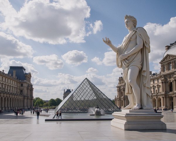 White Statue with Louvre Pyramid and Historic Architecture