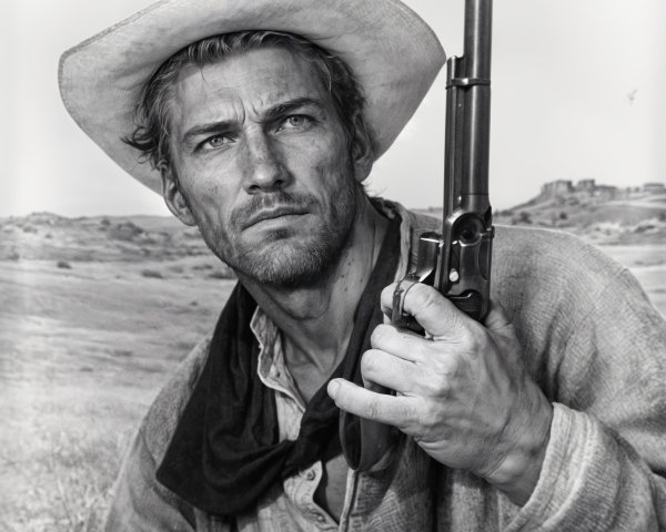 Cowboy in Barren Landscape with Vintage Revolver