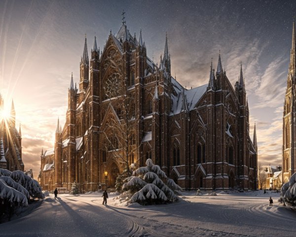 Gothic Cathedral in Snowy Winter Landscape at Sunset