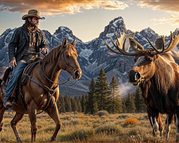 Cowboy on Horse in Mountain Landscape at Sunset