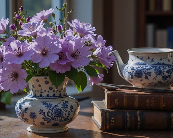 Purple Flowers in Porcelain Vase on Wooden Table