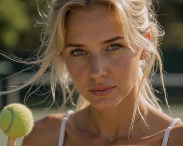 Young Woman on Tennis Court with Tennis Ball