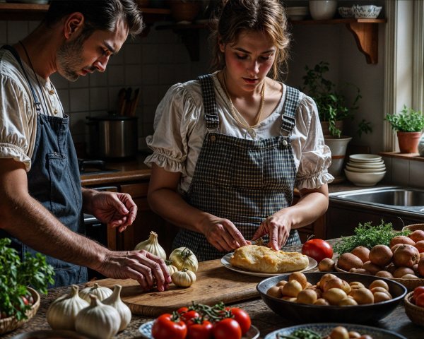 Cozy Kitchen Scene with Cooking and Fresh Ingredients