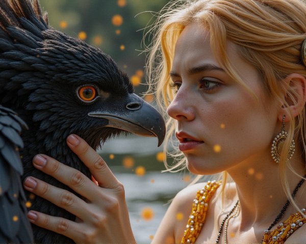 Young woman with black bird in serene setting