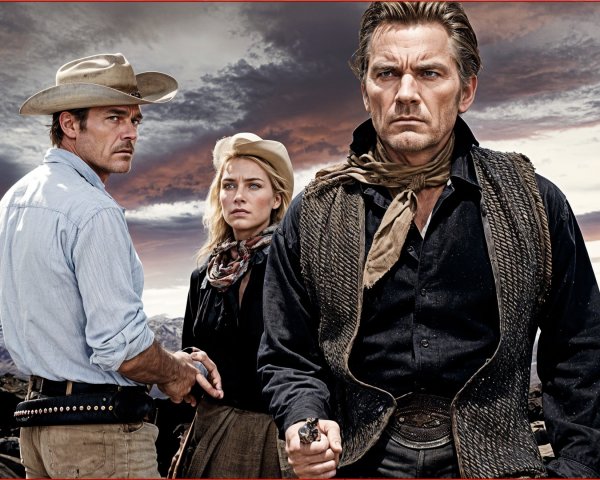 Three Characters in Dramatic Western Mountain Scene