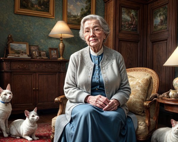 Elderly Woman in Cozy Room with Playful Cats