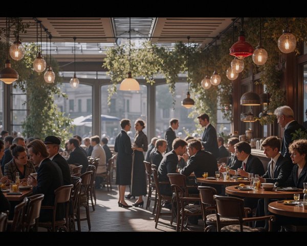 Elegant Restaurant Scene with Lively Patrons and Decor