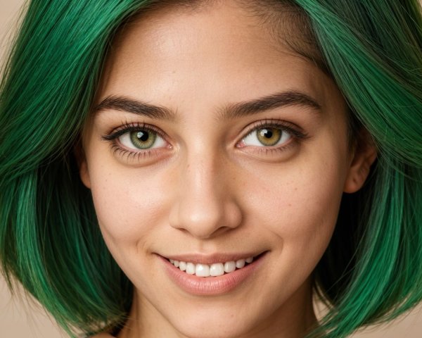 Young woman with green hair and eyes smiling softly