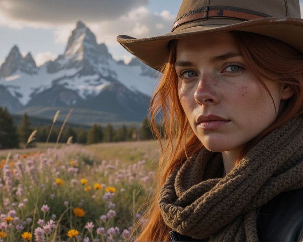 Young woman in field of wildflowers with mountains