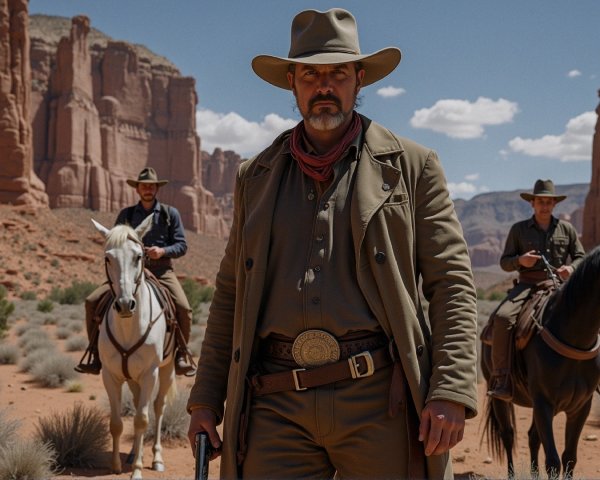 Cowboys Riding in Desert Landscape with Rock Formations