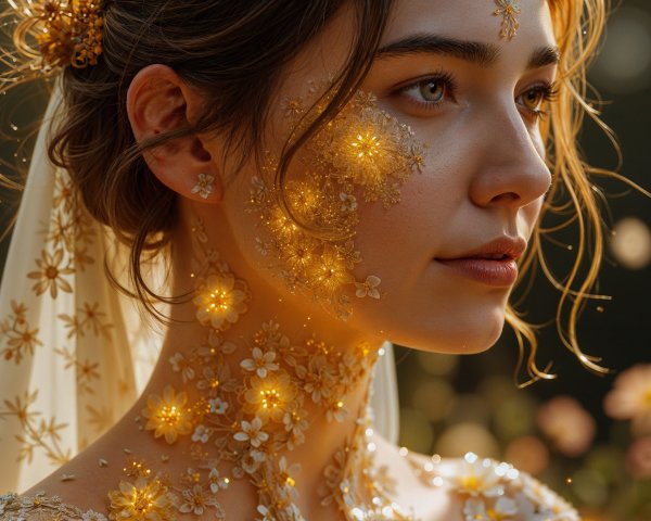 Young woman in floral adornments in a dreamy garden
