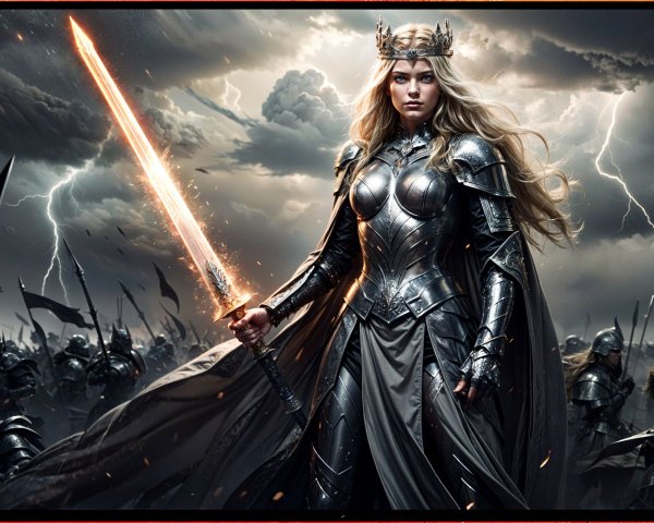 Warrior Queen in Armor with Fiery Sword and Army