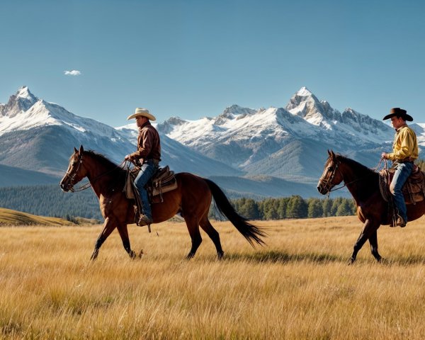Cowboys on Horses in Scenic Mountain Landscape