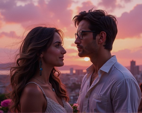 Couple Silhouetted Against Vibrant Sunset Colors