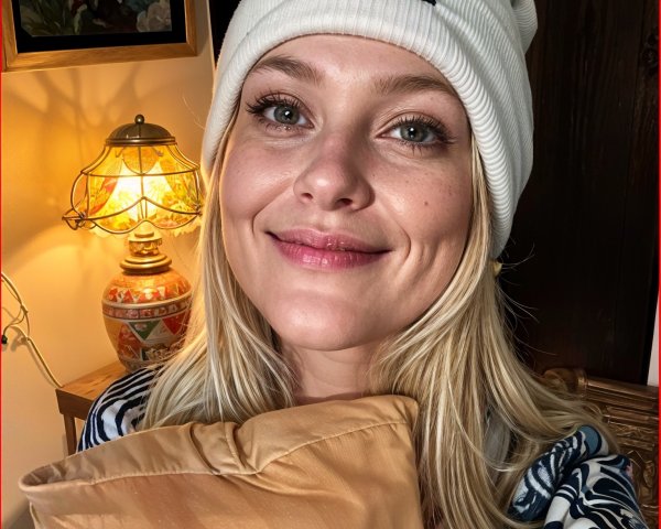 Cheerful person with blonde hair in cozy setting