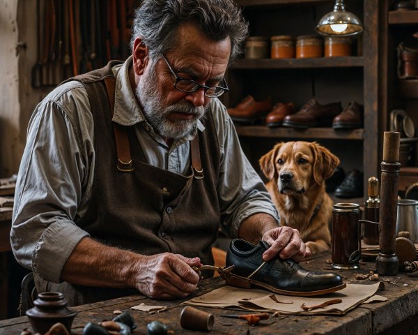 Cobbler's Workshop with Artisan and Golden Retriever