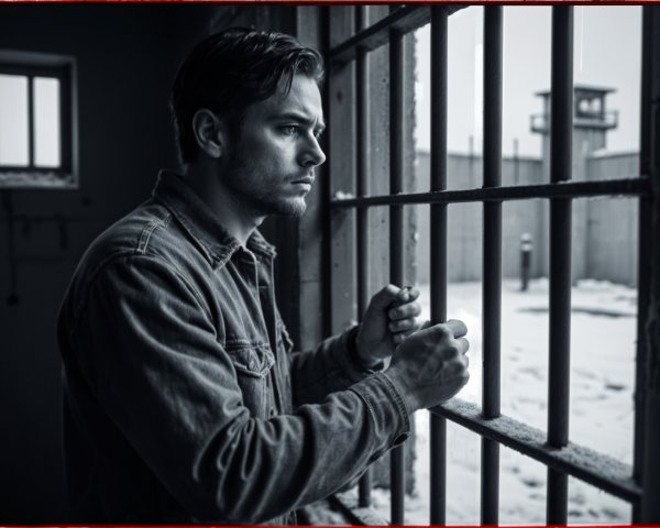 Young Man in Denim Shirt Behind Prison Bars