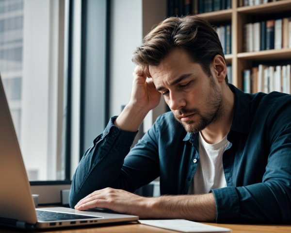 Young man working on laptop at a wooden table