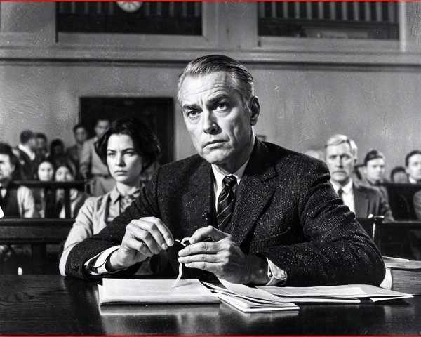 Tense Courtroom Scene in Black and White Drama