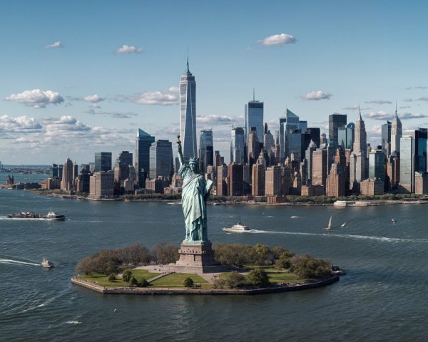 Statue of Liberty with Manhattan Skyline Background