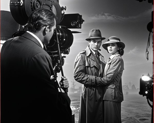 Noir Film Set with Classic Duo in Dramatic Attire
