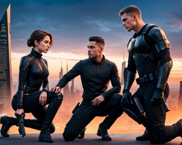 Futuristic Cityscape with Tactical Characters at Sunset