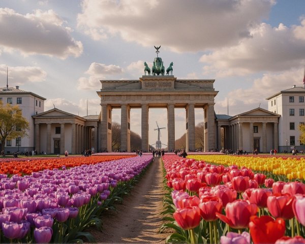 Brandenburg Gate Surrounded by Colorful Tulips