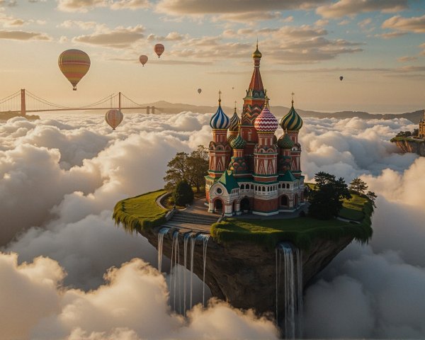Whimsical Floating Island with Colorful Castle and Clouds