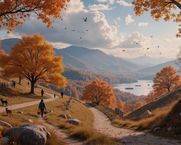 Autumn Landscape with Trees, Path, and Lake Reflection