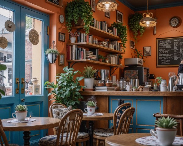 Cozy café with orange walls and wooden furniture