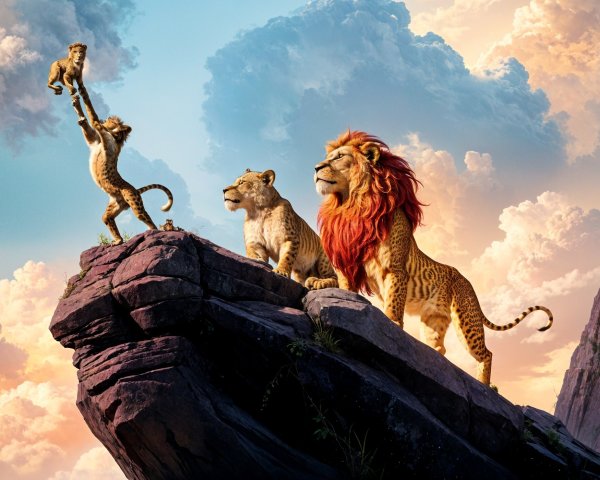 Lion and Lioness on Rocky Outcrop at Sunset