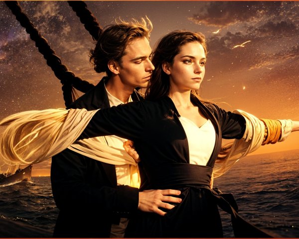Romantic Sunset Scene with Couple on a Ship