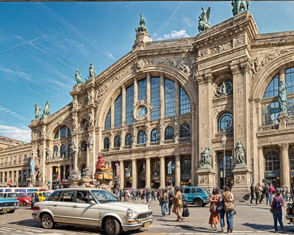 Historic train station with ornate architecture and crowd