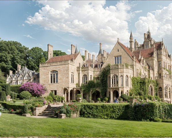 Historic mansion with ornate architecture and gardens