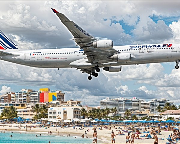 Airplane Landing Over Busy Beach with Sunbathers