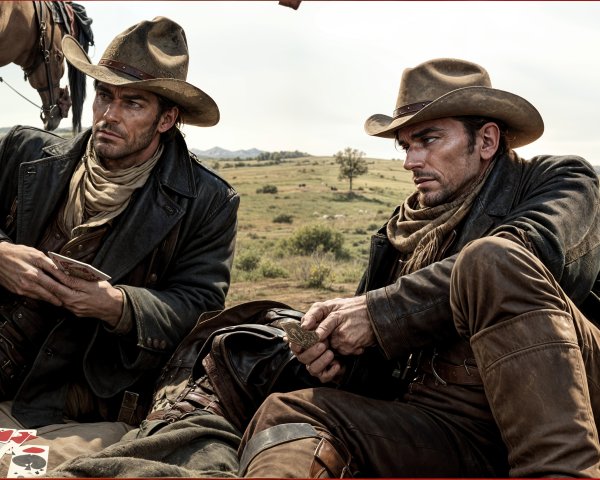 Cowboys Engaged in Poker Against Arid Landscape