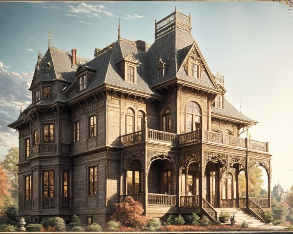 Victorian Mansion with Intricate Carvings and Balconies
