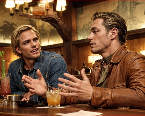 Men Conversing at a Rustic Bar with Warm Lighting
