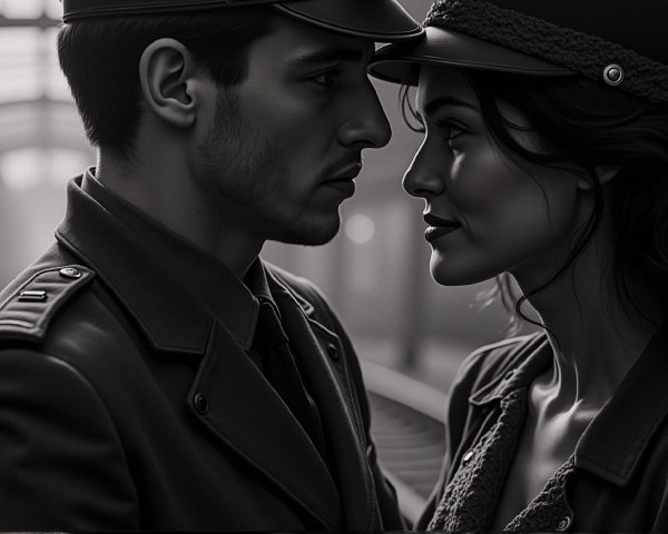 Black-and-white portrait of a couple in military attire