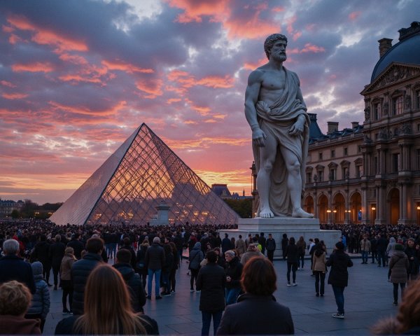 Vibrant Sunset Over Louvre Museum and Visitors