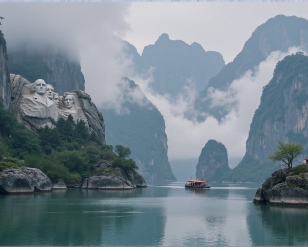 Serene landscape with misty mountains and river
