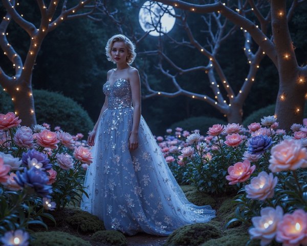 Moonlit Garden with Young Woman in Floral Gown