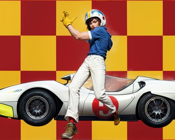 Young Driver with Futuristic Race Car in Vibrant Setting