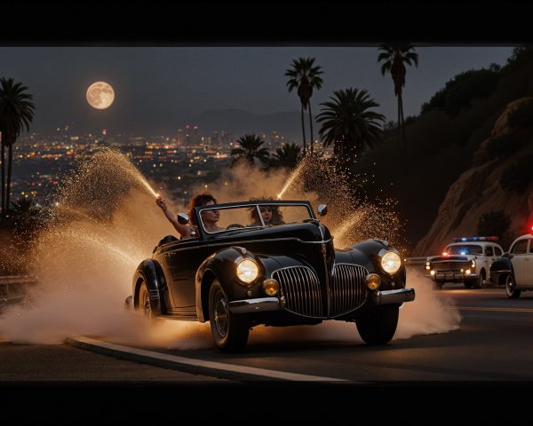 Vintage Convertible on Winding Road Under Full Moon