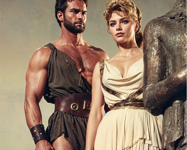 Muscular Warrior and Elegant Woman in Mythical Setting