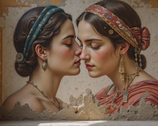 Intimate Pose of Two Women with Cultural Elegance