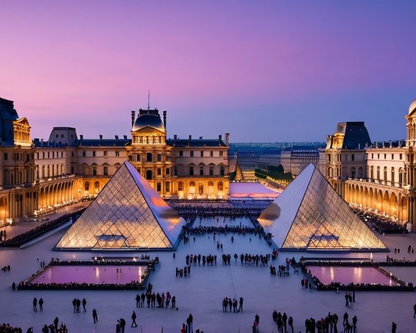 Louvre Museum at Twilight with Illuminated Pyramids